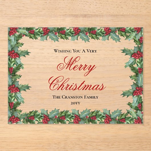 Elegant Holly and Berries Frame Christmas アクリル招待状 (正面)