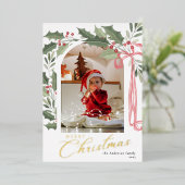 Elegant Holly Berries | Arch Photo Merry Christmas 箔シーズンカード (立ち正面)