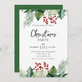 Elegant Holly Berries Christmas Party Invitation 招待状 (正面/裏面)