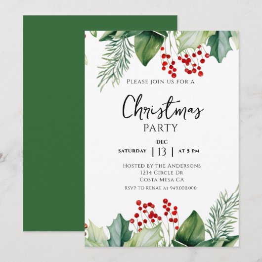 Elegant Holly Berries Christmas Party Invitation 招待状 (正面/裏面)