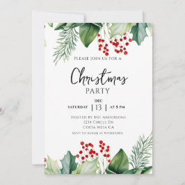 Elegant Holly Berries Christmas Party Invitation 招待状