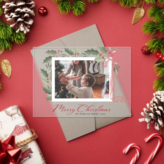 Elegant Holly Berries Family Photo Christmas Card アクリル招待状 (インサイチュ (クリスマス))