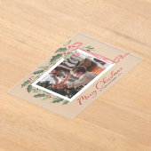 Elegant Holly Berries Family Photo Christmas Card アクリル招待状 (レイダウン)