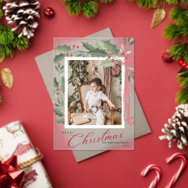 Elegant Holly Berries Family Photo Christmas Card アクリル招待状
