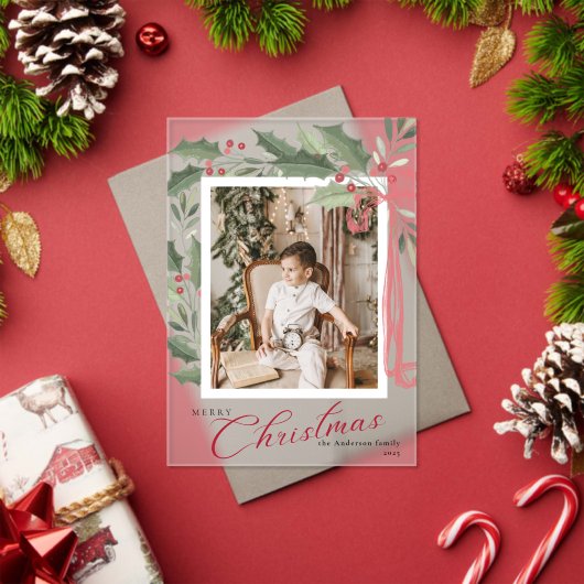 Elegant Holly Berries Family Photo Christmas Card アクリル招待状 (インサイチュ (クリスマス))