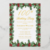 Elegant Holly | Berries Frame 100th Birthday Party 箔招待状 (正面)