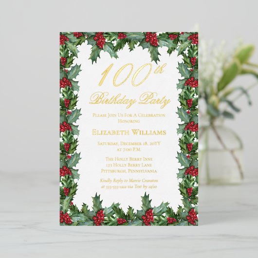 Elegant Holly | Berries Frame 100th Birthday Party 箔招待状 (立ち正面)
