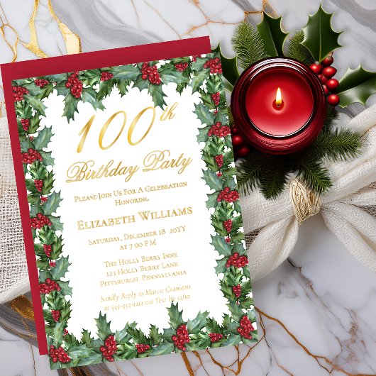 Elegant Holly | Berries Frame 100th Birthday Party 箔招待状