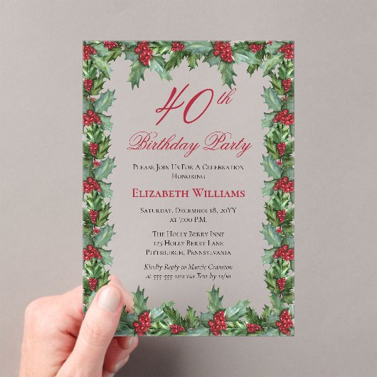 Elegant Holly | Berries Frame 40th Birthday Party アクリル招待状 (インサイチュ (ポータブル))