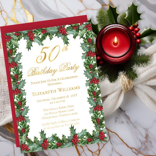 Elegant Holly | Berries Frame 50th Birthday Party 箔招待状