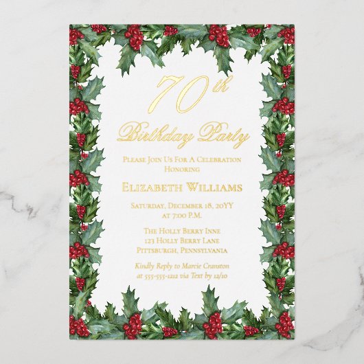 Elegant Holly | Berries Frame 70th Birthday Party 箔招待状 (正面)