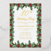 Elegant Holly | Berries Frame 80th Birthday Party 箔招待状 (正面)