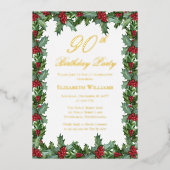 Elegant Holly | Berries Frame 90th Birthday Party 箔招待状 (正面)