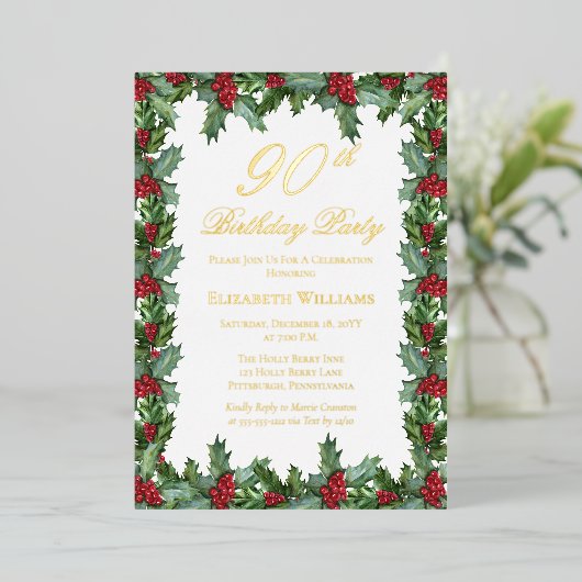 Elegant Holly | Berries Frame 90th Birthday Party 箔招待状 (立ち正面)