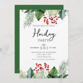 Elegant Holly Berries Holiday Party Invitation 招待状 (正面/裏面)