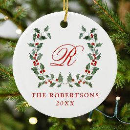 Elegant Holly Berry Wreath Monogram Photo セラミックオーナメント