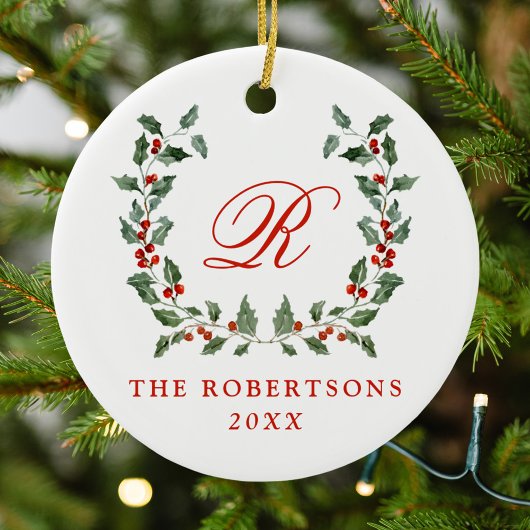 Elegant Holly Berry Wreath Monogram Photo セラミックオーナメント