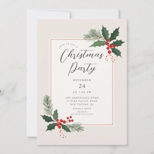 Elegant Holly Christmas Party Invitation 招待状 (正面)