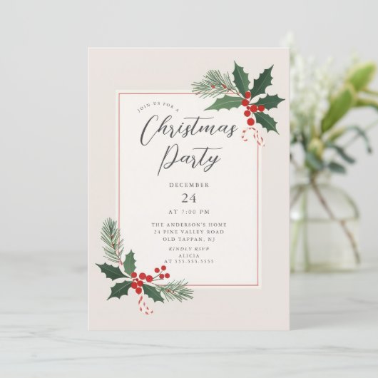 Elegant Holly Christmas Party Invitation 招待状 (スタンド正面)