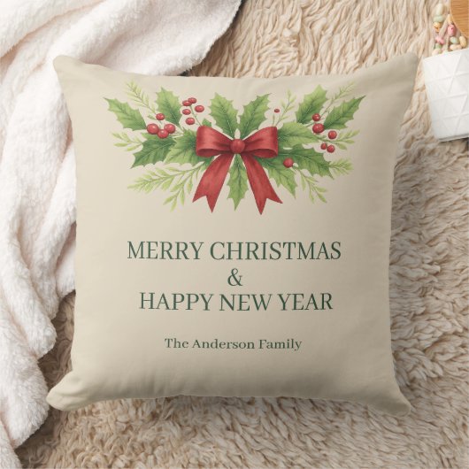 Elegant Holly & Red Bow Christmas -  クッション (ブランケット)