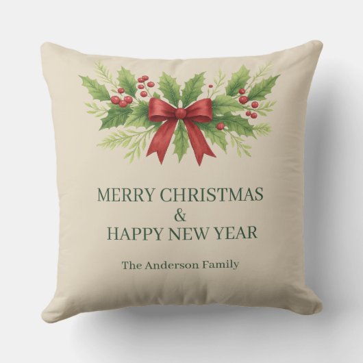 Elegant Holly & Red Bow Christmas -  クッション (裏面)