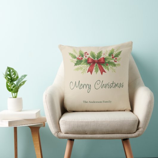 Elegant Holly & Red Bow Christmas -  クッション (椅子)