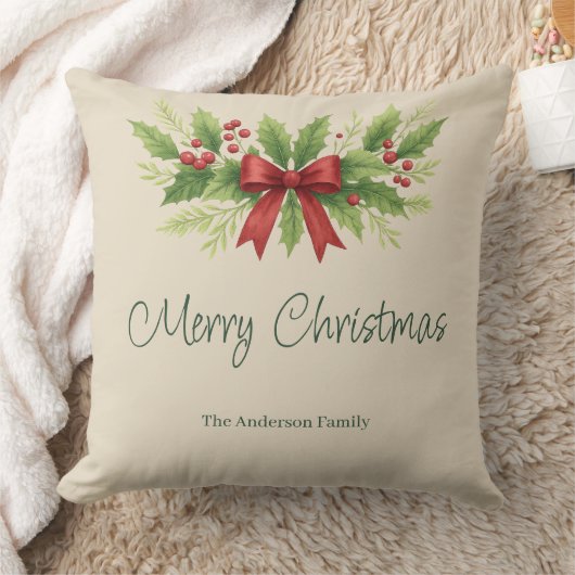 Elegant Holly & Red Bow Christmas -  クッション (ブランケット)