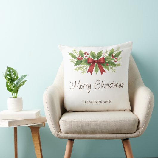 Elegant Holly & Red Bow Christmas -  クッション (椅子)