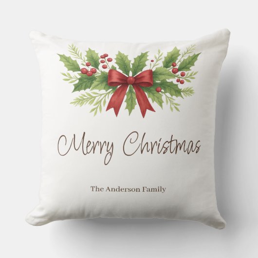 Elegant Holly & Red Bow Christmas -  クッション (正面)