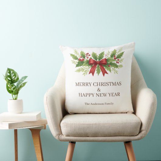 Elegant Holly & Red Bow Christmas -  クッション (椅子)