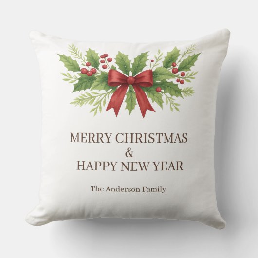 Elegant Holly & Red Bow Christmas - クッション (正面)