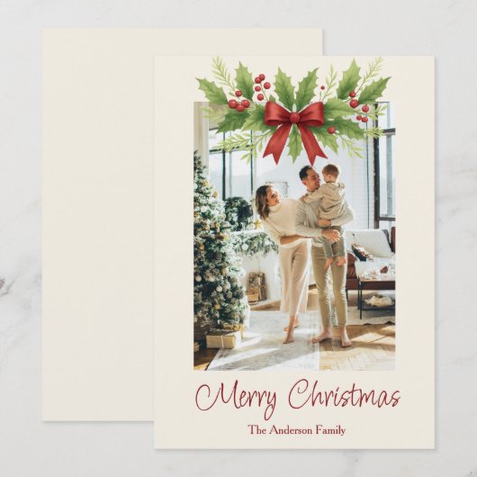 Elegant Holly & Red Bow Christmas - シーズンカード (正面/裏面)