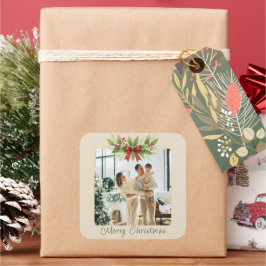 Elegant Holly & Red Bow Christmas -  スクエアシール