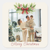 Elegant Holly & Red Bow Christmas -  スクエアシール (正面)