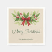 Elegant Holly & Red Bow Christmas -  スタンダードカクテルナプキン (正面)