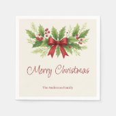 Elegant Holly & Red Bow Christmas - スタンダードカクテルナプキン (正面)