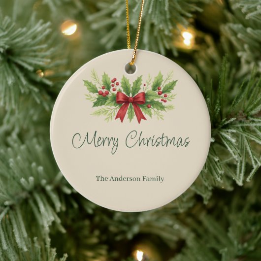 Elegant Holly & Red Bow Christmas -  セラミックオーナメント (ツリー)