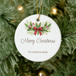 Elegant Holly & Red Bow Christmas -  セラミックオーナメント