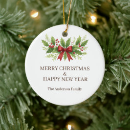 Elegant Holly & Red Bow Christmas -  セラミックオーナメント