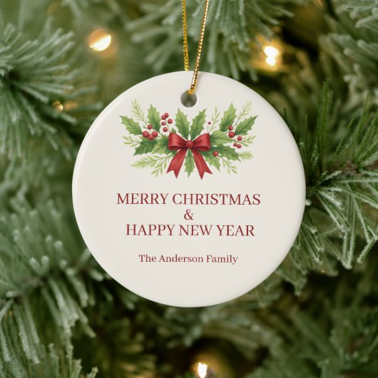Elegant Holly & Red Bow Christmas -  セラミックオーナメント (ツリー)