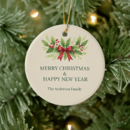 Elegant Holly & Red Bow Christmas -  セラミックオーナメント