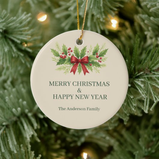 Elegant Holly & Red Bow Christmas -  セラミックオーナメント (ツリー)