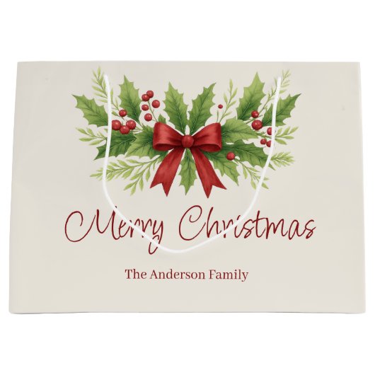 Elegant Holly & Red Bow Christmas -  ラージペーパーバッグ (正面)