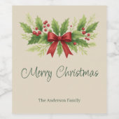 Elegant Holly & Red Bow Christmas -  ワインラベル (シングルラベル)