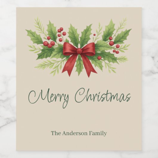 Elegant Holly & Red Bow Christmas -  ワインラベル (シングルラベル)