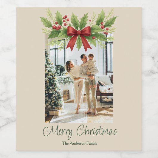 Elegant Holly & Red Bow Christmas - ワインラベル (シングルラベル)