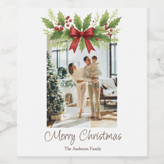 Elegant Holly & Red Bow Christmas - ワインラベル (シングルラベル)