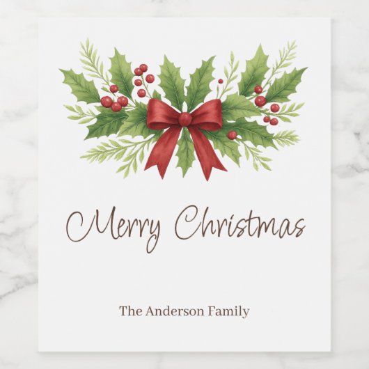 Elegant Holly & Red Bow Christmas -  ワインラベル (シングルラベル)