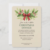Elegant Holly & Red Bow Christmas Dinner -  招待状 (正面)