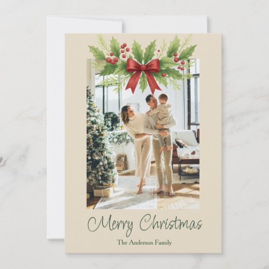 Elegant Holly & Red Bow Christmas Holiday Card (正面)